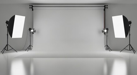 A professional photography studio with two softboxes and a white backdrop.