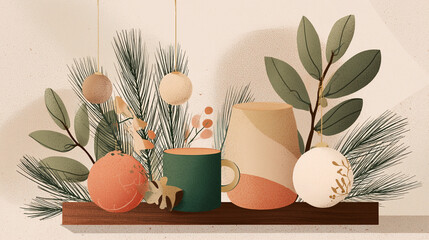 Cafe holiday menu board with pine branches and ornaments, cozy winter colors, flat textured illustration, minimal background