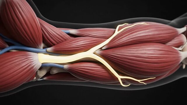Animated 3D close-up of human arm muscles, nerves, and blood vessels with camera movement