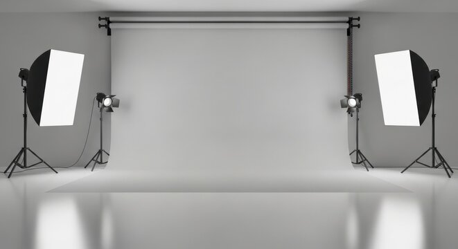 A professional photography studio with two softboxes and a white backdrop.