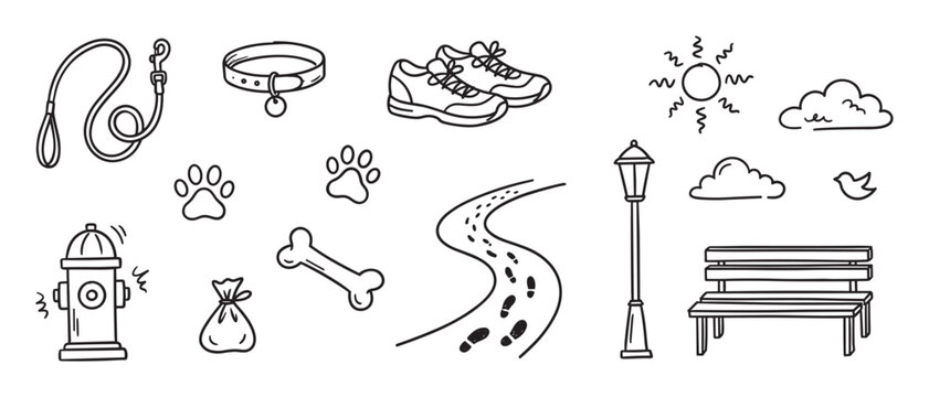 Collection of hand-drawn dog walking icons in a simple black and white doodle style, featuring a leash, collar, paw print, bone, sneakers, and park elements like a bench