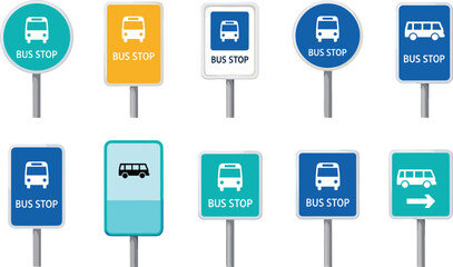 Set of Colorful Bus Stop Road Signs in Blue Teal and Yellow Featuring Various Shapes and Minimalist Public Transportation Icons © MONIRUZZAMAN