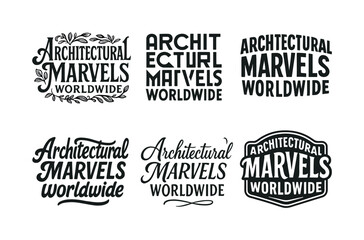 Fototapeta premium Architectural Lettering Artistry. Architectural marvels worldwide. Set lettering. harmonious lettering variations of the same emblematic concept, each with