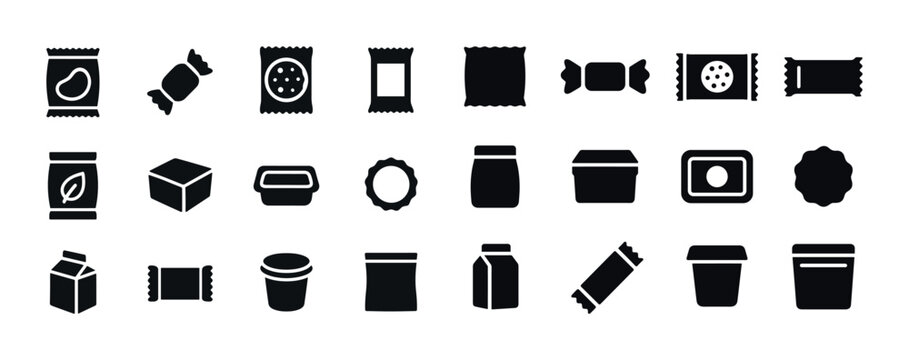 Icon set of various packaging designs for food and snacks