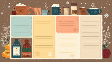 Winter cafe menu board banner with icons and text areas, flat modern style, cozy palette