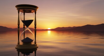 Golden Hourglass on Ocean Water at Sunset, Time Passing Concept
