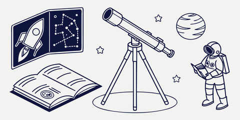 A collection of stylized astronomical and space exploration icons featuring a telescope an astronaut a constellation map and a textbook for science education © Toqeer