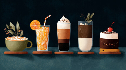 Holiday cafe menu board collection for drinks and desserts, modern flat illustration, textured look, stock ready