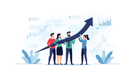 Team of business professionals working together to push a giant arrow upwards, signifying growth, success, and collective achievement.