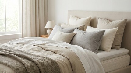 Cozy bed with feathered pillows and linen sheets in neutral tones  
