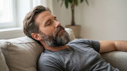 Bearded man resting with eyes closed on couch in bright living room  