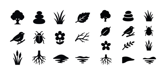 Obraz premium Nature icons set: trees, leaves, birds, and insects silhouettes
