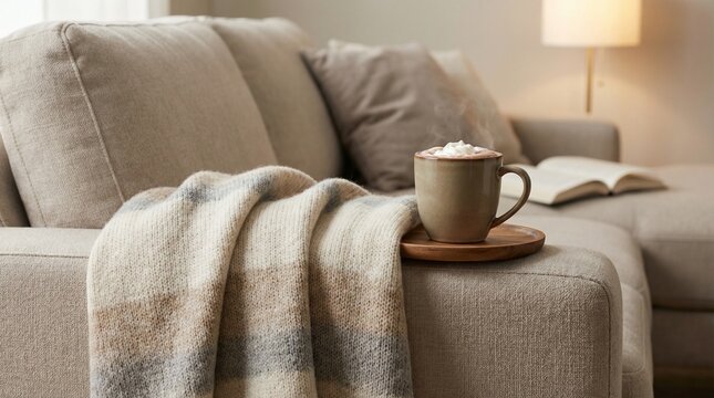Cozy blanket draped on sofa with hot cocoa mug and book  