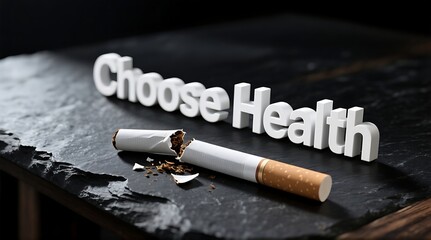A broken cigarette lies next to the words Choose Health on a dark surface