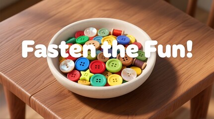 A bowl of colorful buttons sits on a wooden table with the words 'Fasten the Fun!' superimposed over it.