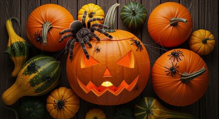 Halloween Carved Pumpkin Jack-o-lantern with Spiders and Gourds on Wood
