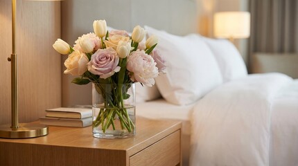 Fresh flowers in vase on hotel nightstand beside bed
