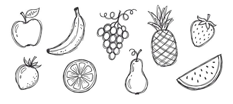 Hand drawn sketch fruit icon collection featuring an apple, banana, pineapple, and strawberry in a simple black and white doodle style illustration set for healthy eating concepts