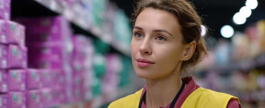 Retail employee restocking shelves while organizing products during inventory.