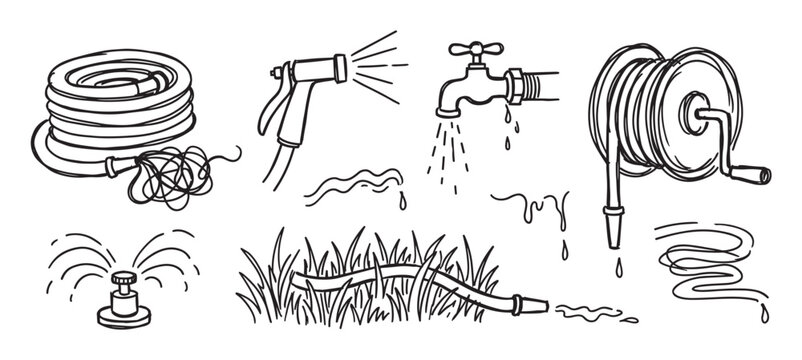 Hand-drawn garden watering equipment doodle set featuring a coiled hose, spray nozzle, lawn sprinkler, dripping faucet, and hose reel in a simple black line art sketch style