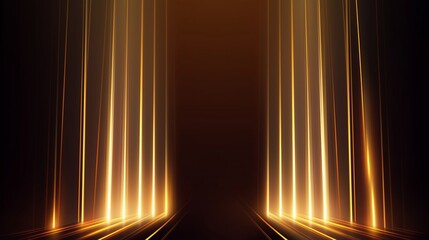 Golden light beams converging in a dark corridor, creating a symmetrical glowing pathway.