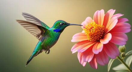 Hummingbird Feeding on Pink Dahlia Flower in Soft Sunlight
