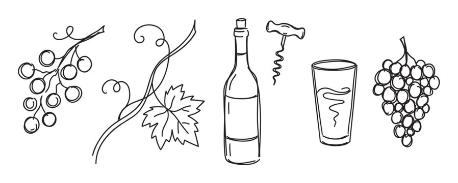 Hand drawn black and white wine icons set featuring a bottle, glass, corkscrew, grapes, and grapevine elements in a simple sketch doodle style for winery or restaurant menu design