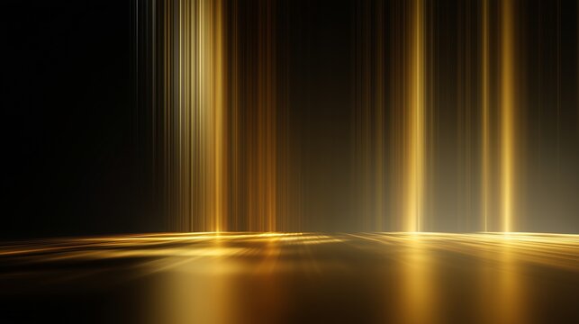 Golden light beams illuminating a reflective dark floor in an abstract studio setting
