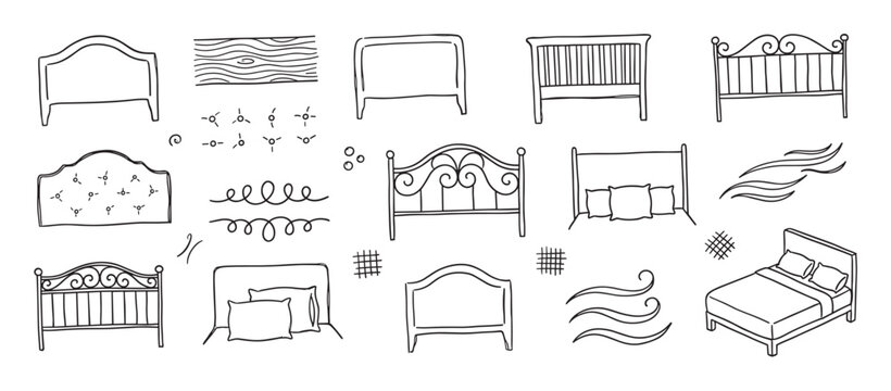Hand-drawn bed and headboard doodle set with various furniture styles and decorative elements in a simple black and white sketch illustration collection for interior design