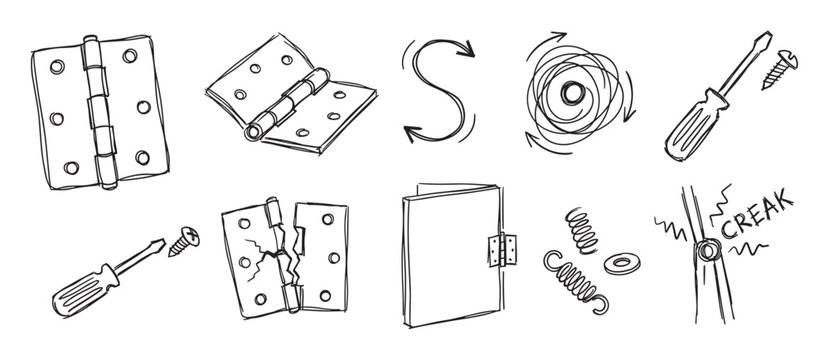 Hand-drawn doodle collection of door hinge repair elements showing a screwdriver, screw, spring, and broken parts in a simple black and white sketch style illustration set