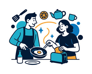 Floating Breakfast Harmony. Shared routines. A couple prepares breakfast together, minimal kitchen tools float gently as warm light arcs between them. Modern