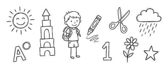 Collection of simple black line art doodles for children featuring a schoolboy, sun, flower, crayon, and scissors representing education, creativity, and elementary learning