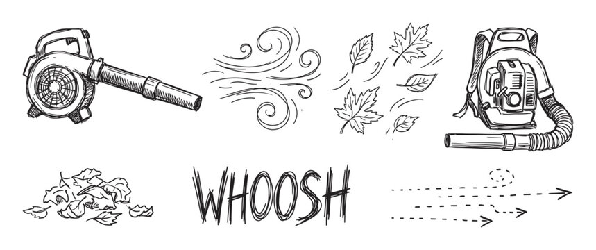 Hand-drawn leaf blower illustration set with a backpack model, wind swirls, autumn leaves, and a whoosh sound effect in a sketchy black and white doodle style