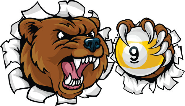 Bear nine ball pool sports mascot holding a 9 ball cartoon illustration