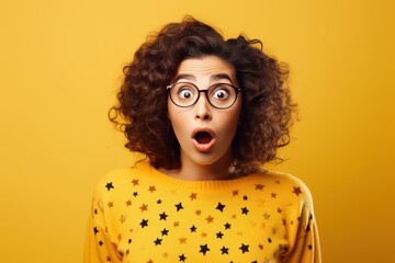 Woman with glasses expressing surprise and shock on yellow background
