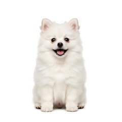 Cute white pomeranian puppy dog sitting isolated on white background smiling