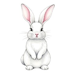 Cute white rabbit sitting upright on hind legs isolated on white background