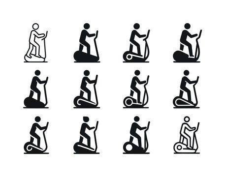 Elliptical Machine Icons. Elliptical machine. Icon set. Set Logo of elliptical machine: fitness icon in motion. harmonious logo variations of the
