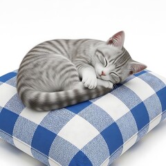 Sleeping gray tabby cat on blue and white checkered pillow isolated on white background