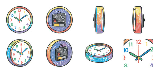 Colorful hand-drawn wall clock illustration set featuring multiple angles like front, back, and side views, rendered in a playful and childlike crayon sketch artistic style