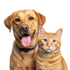 Friendly dog and curious cat sitting together isolated on white background