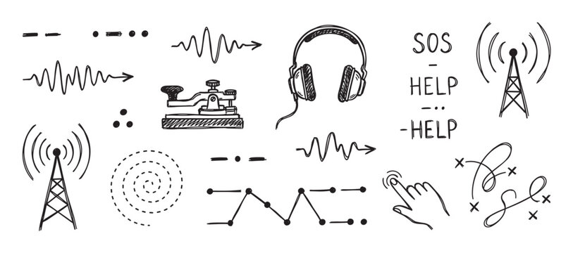 Hand-drawn doodle set of communication icons including a telegraph, Morse code, radio tower, and SOS help signal in a simple black and white sketch style illustration collection