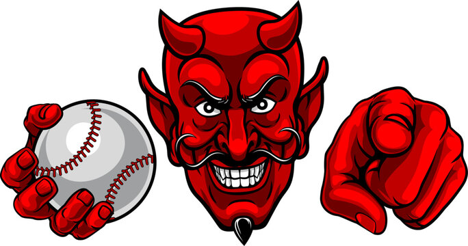A devil man holding baseball ball and pointing sports team mascot illustration.