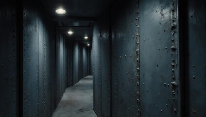 Dimly lit industrial hallway with metal walls and recessed ceiling lights