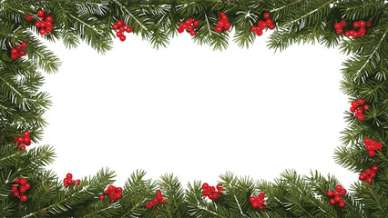 Christmas pine border, red berries frame, holiday greenery, winter foliage clipart, festive decoration, seasonal vector, greeting card design © Anonto