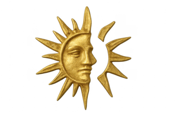 Golden sun moon face sculpture on transparent background