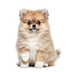 Cute pomeranian puppy sitting isolated on white background looking sweet