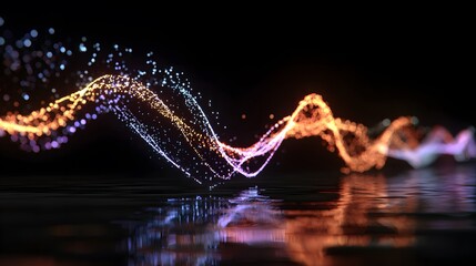 Glowing particles form a vibrant, flowing waveform against a dark backdrop. The lights reflect on a surface