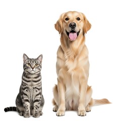 Friendly dog and cat sitting together isolated on white background