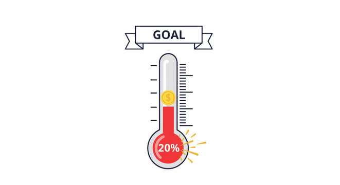 Thermometer style goal tracker showing twenty percent progress with a gold coin symbol and a banner labeled goal at the top.